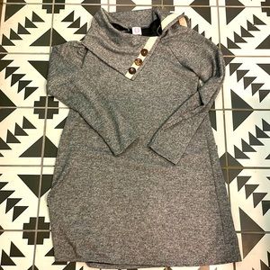 Grey, sweater, long sleeve, tunic dress, button neck line detail